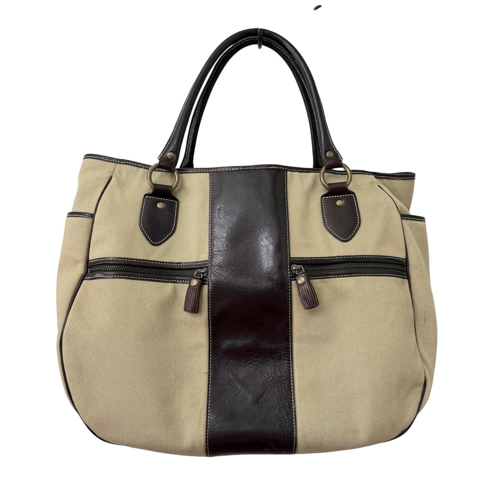 Levenger Tote Bag Large Tan Brown Canvas Leather Mixed Media Satchel